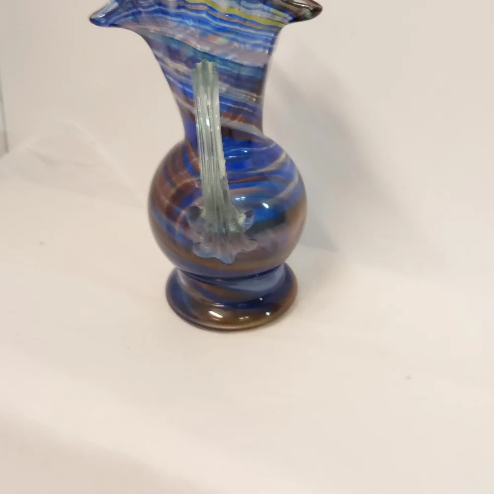 Vintage Glass Pitcher Vase Blue Swirl Budding Ruffled Rim, Murano Glass Style